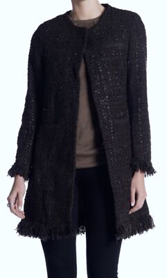 VERTIGO Tweed Boucle Fringe Black Wool Blend Jacket Coat NEW Womens Sz XS S