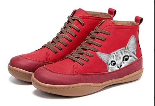 Botines informales clásicos para mujer con patrón de gato planos con cordones al tobillo zapatos de moda - Imagen 3 de 13