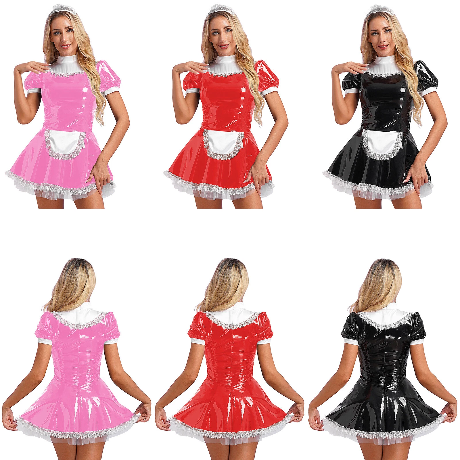 VALENTINO Abito donna grembiule da cameriera pelle pu costume cosplay Halloween set lingerie