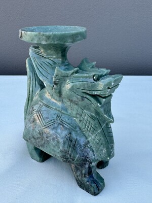 Chinese 5'' Hand-Carved Jade Color Marbled Soapstone Incense Holder Ft. Chimera