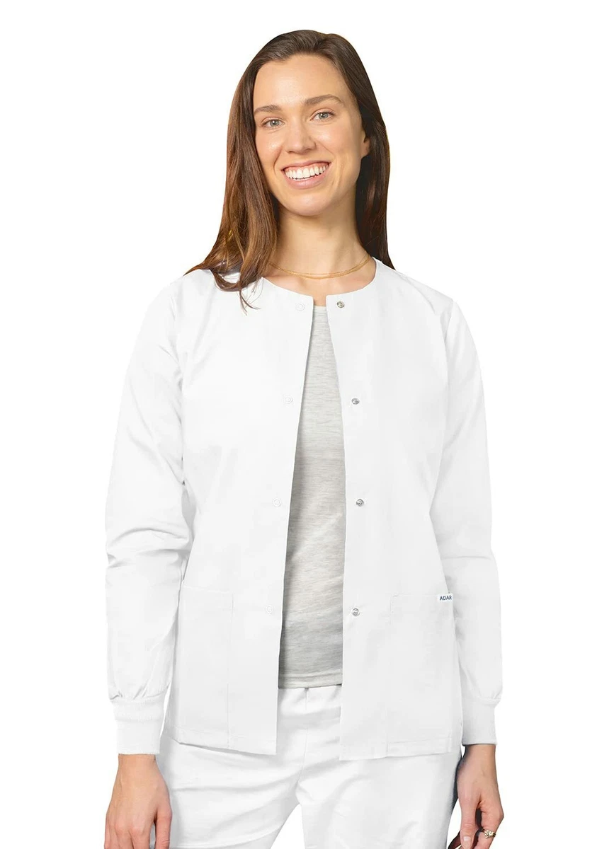 Adar Universal Scrubs for Women - Round Neck Warm-Up Scrub Jacket - 602 -  White