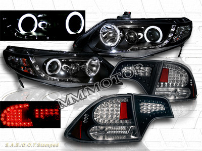 Fit For 06-11 HONDA CIVIC G2 PROJECTOR HEADLIGHTS CCFL HALO 4DR +TAIL LIGHTS LED