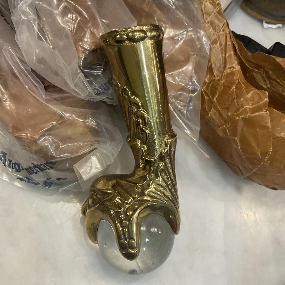 Vintage Ornate Shiny Brass Claw Feet Clear Glass Ball 5” Piano Stool Set 4 NIP - Image 2 of 4