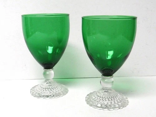 2 Anchor Hocking Boopie Emerald Green Bubble Foot Vintage Water Goblet Glasses