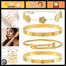 Stackable Floral Gold Bracelets Set - 4Pcs 18K Plated Stainless Steel Bangles, N