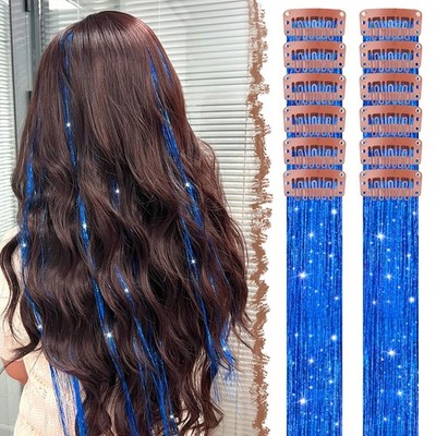 FESHFEN Clip in Hair Tinsel - 12 PCS Blue ins 20 Inch, 12 