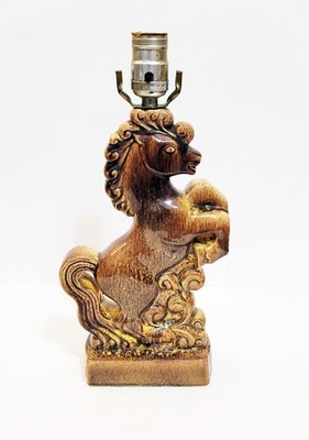 Vintage Ceramic Golden Brown Rearing Stallion Horse Lamp w Harp