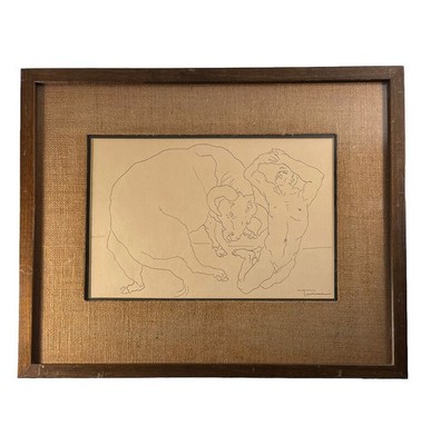 DON LA VIERE TURNER MAN & BULL MALE ORIGINAL INK VINTAGE MID CENTURY DRAWING