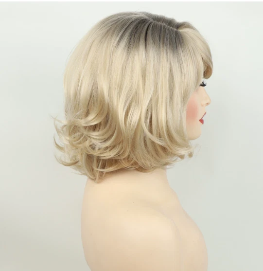 Pelucas cortas Bob rubias naturales onduladas sintéticas mujeres suaves uso diario con flequillo Foto 3 de 4