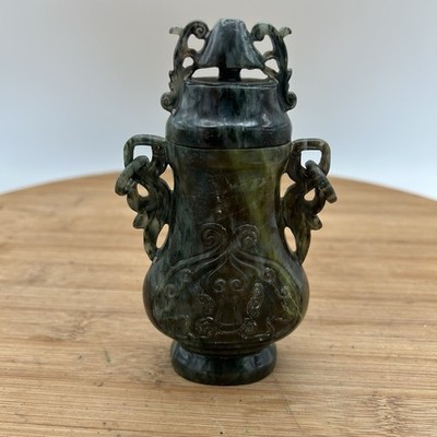 Carved Green Jade Lidded Vase Urn w Ring Handles Chinese Style Nephrite 5''