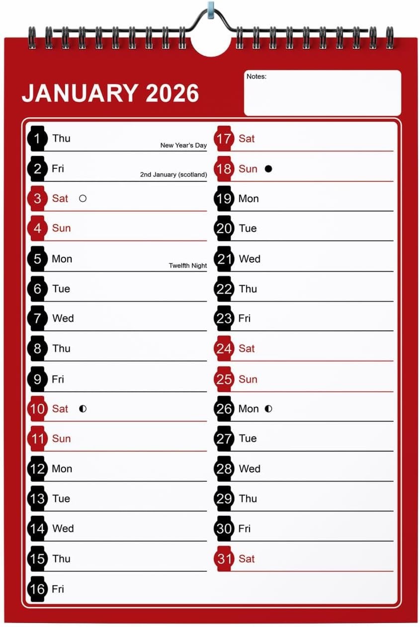 A4 2026 Wall Calendar Month To View Red And Black 12 Month Hanging Planner With