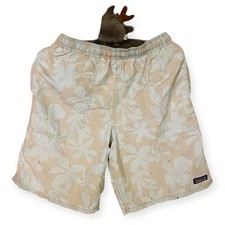 Patagonia Boys XL Baggies Board Shorts Tan Floral Hibiscus Swim Trunks Flawed