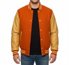 Varsity Letterman Orange  Wool & Gold Cowhide Leather Baseball Bomber Jacket