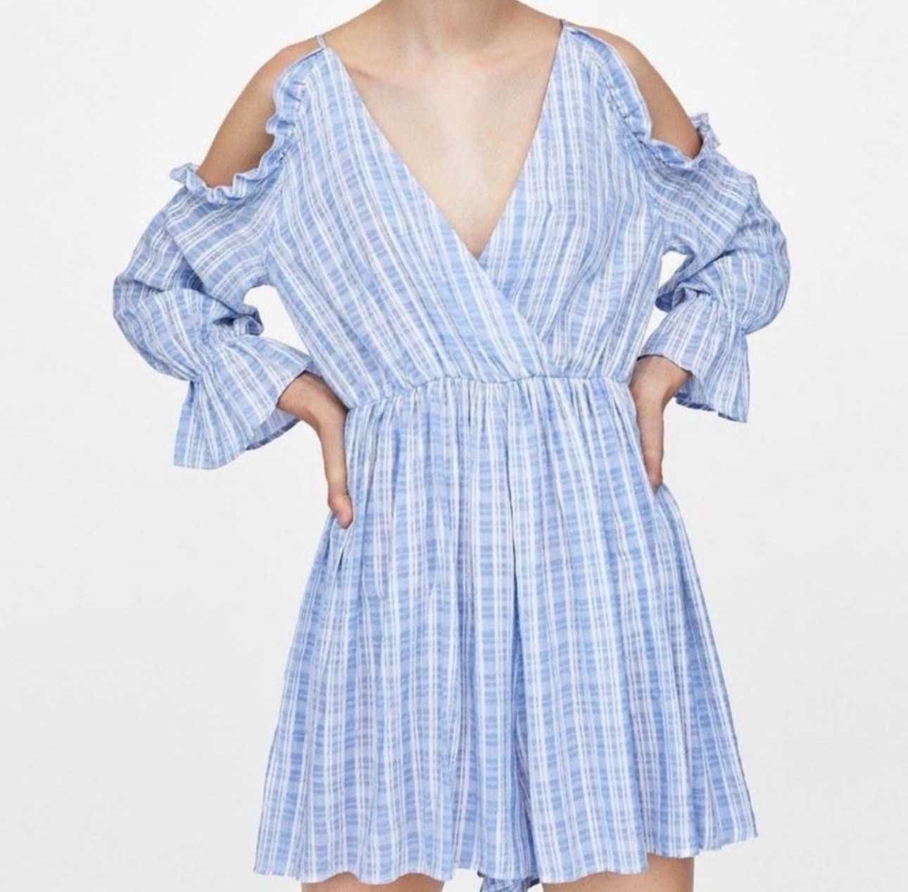 ZARA Basic Blue Wrap Cold Shoulder Frill Ruffle R… - image 1