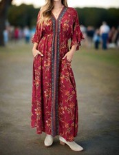 Easel Magenta Border Print Challis Maxi Dress Red