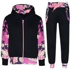 Kids Boys Girls Tracksuit Zipped Camo Fleece Hooded Top Bottom Jogger 2-13 Yrs