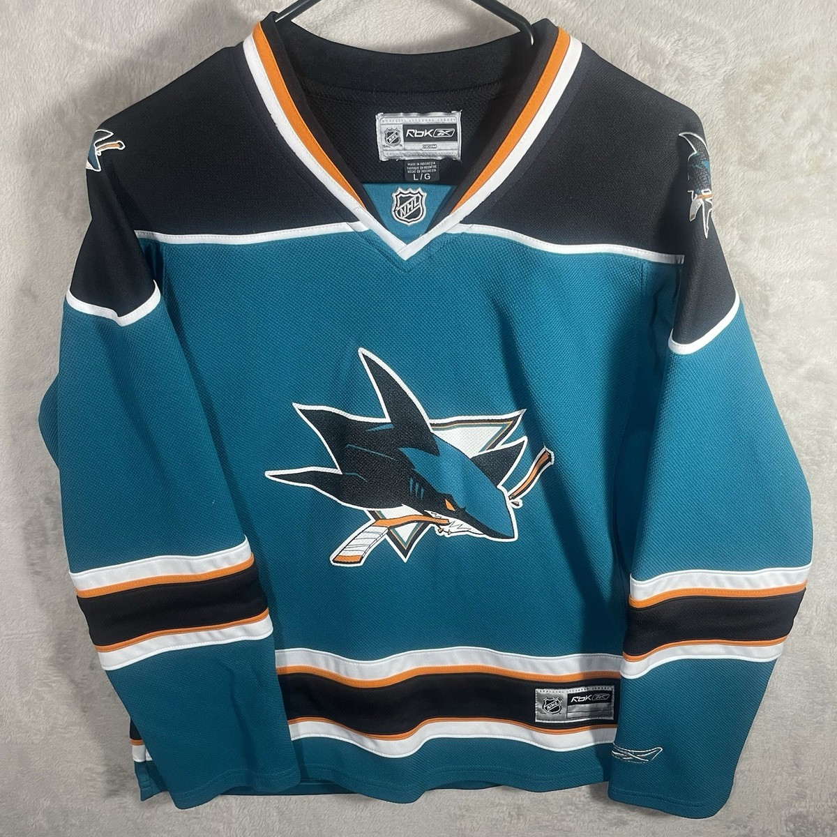 Reebok San Jose Sharks Jersey Boys Large Teal Black 2445