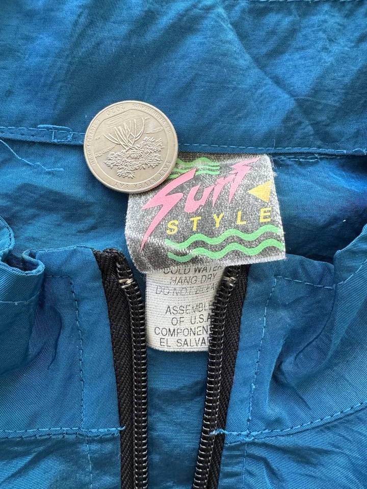 Vintage Surf Style Pullover Jacket Mens One Size Blue Windbreaker Neon 90s Retro - Image 4 of 4