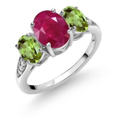10K White Gold Ruby Peridot and White Lab Grown Diamond 3 Stone Engagement Ring