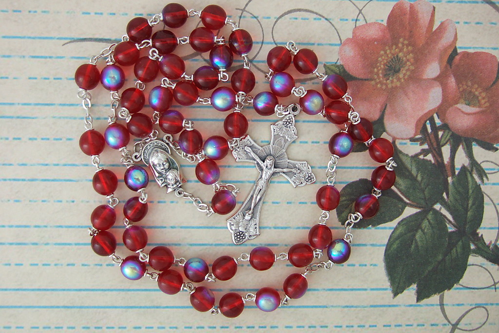 Catholic Church Ruby Catholic Rosary Large 8mm RUBY RED AB Glass Beads Nice Crucifix medal ...