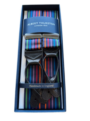 ALBERT THURSTON MULTI  STRIPE WITH BLACK GOAT PRINT LEATHER ENDS  STUNNING
