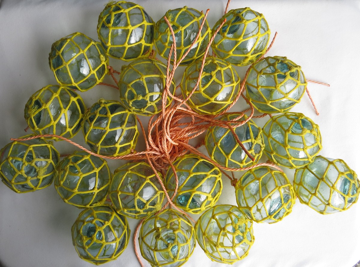 Japanese Glass Fish FLOATS Lot-20 PLASTIC NET Yellow Long String USA  BZ