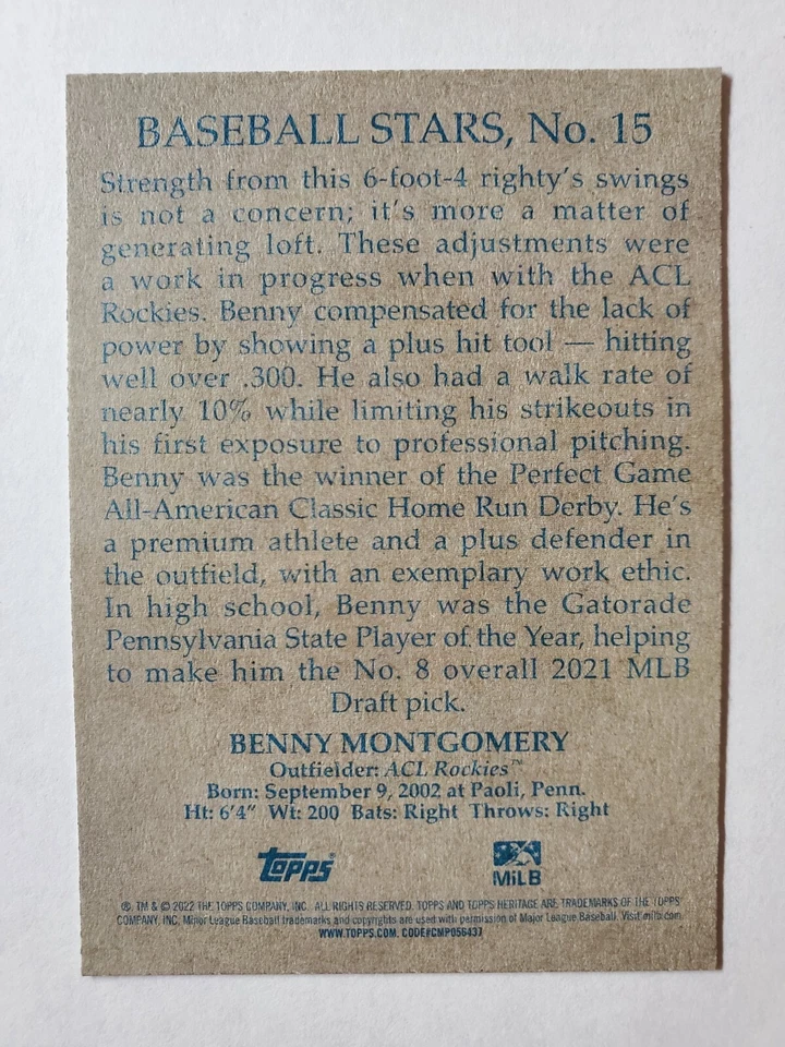 2022 Topps Heritage Minor League Baseball Stars 1953 Reprint Benny Montgomery 15 - Image 2 of 2