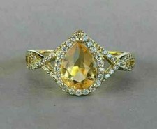 Pear Cut 4Ct Yellow Citrine Halo Engagement Ring Solid 14K White Gold Finish