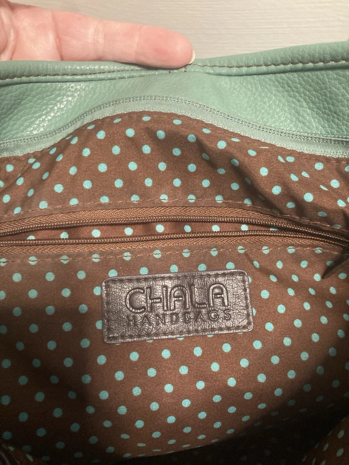 CHALA  Hobo Crossbody Bag Green w Brown Trim Vegan Leather Button Floral Large - Image 2 of 4