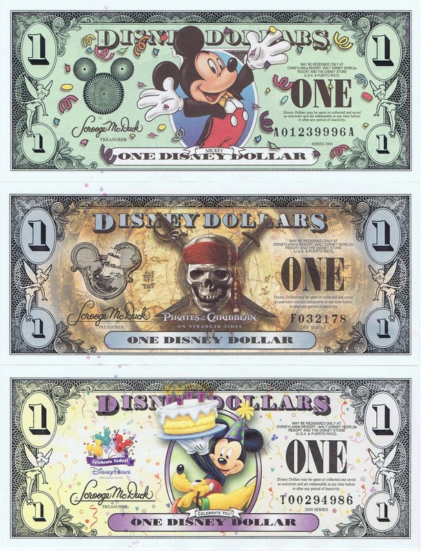 Set of 3 Disney Dollars $1 MINT 2000 A Mickey 2011 F Pirates 2009 T STORE Dollar