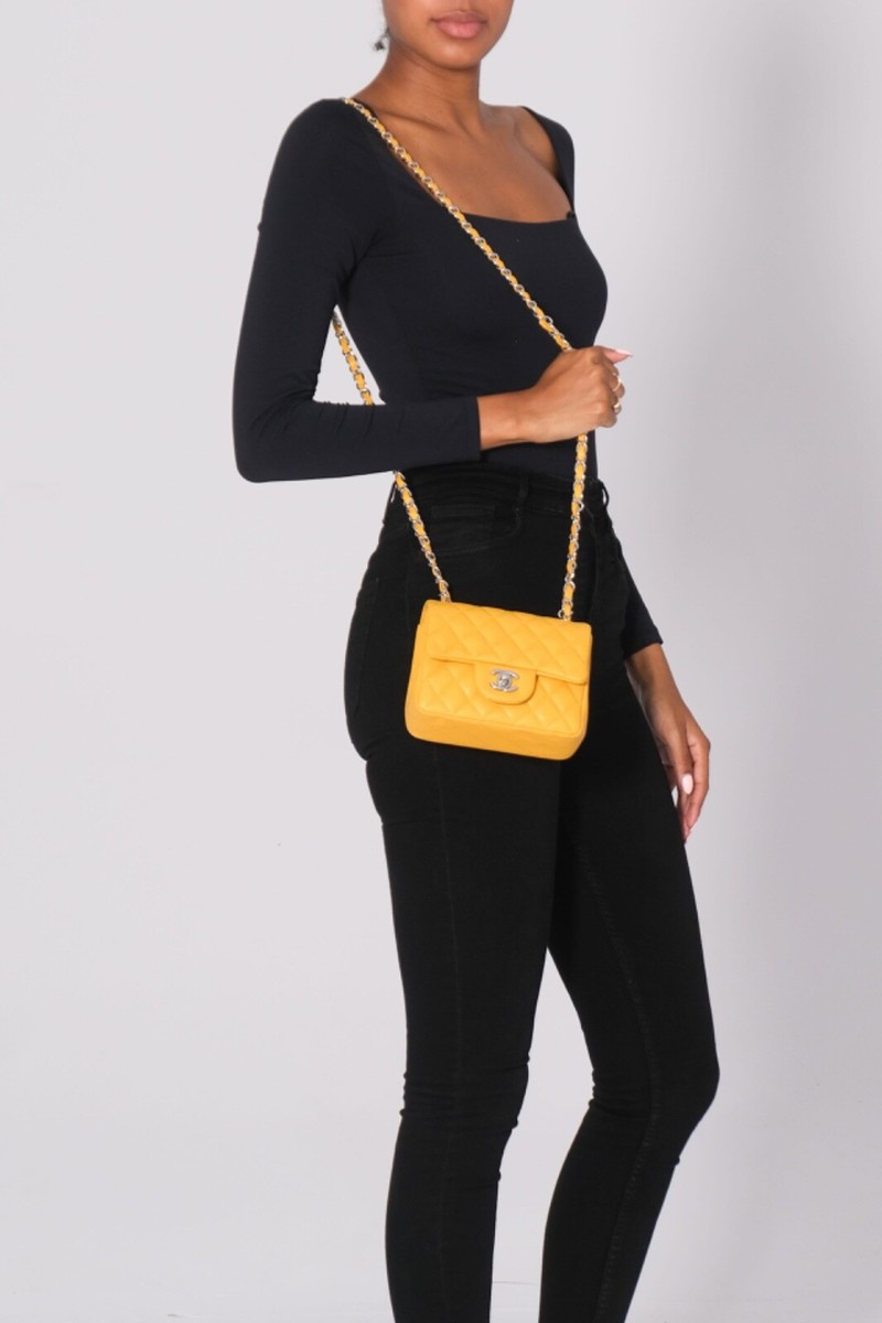 CHANEL CAVIAR QUILTED YELLOW SQUARE FLAP BAG MINI | eBay