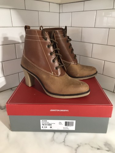 Johnston & Murphy Sz 8.5 Lt/Dark Tan Two Tone Leather Lace Up Heeled Boots Women