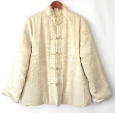 Deluxe Mandarin Jacket Beige Insulated Fur Trim Pockets Loose Fit Size M