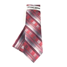 Stacy Adams Men's Tie and Hanky Set Fire Red Silver Charcoal Plaid Stripes 3.25"