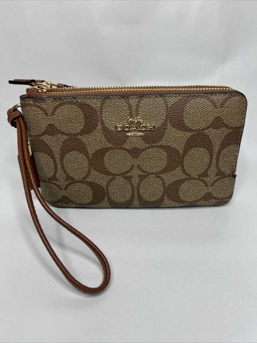 Coach Double Corner Zip Wristlet Khaki / Redwood | eBay