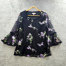Millers Womens Blouse Top Size 12 Black Purple Embroidered Mesh Stretch Knit