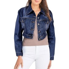 Ladies Women Fashion Cropped Denim Jacket Jean Long Sleeve Jacket Size 8-20