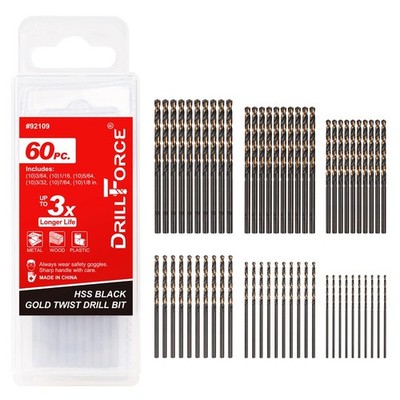 60pc Micro Drill Bit Set HSS Black Gold Tiny Bits Metal Wood Plastic 3/64 1/8