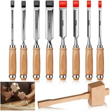 9 Pcs Wood Carving Chisel Set Woodworking Chisels Kit With Beechwood Handles Chr