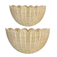 Scalloped Wall Basket 2pcs Hand Woven Rattan 16x12x7 14x8x6 Inch Hanging Wicker