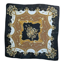 Vintage Baroque Style Scarf Black Gold White Chain Tassel Print Square Classy