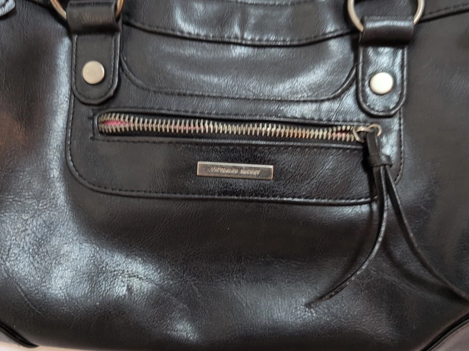 VTG Victotoria's Secret satchel black leather purse bag tote pink lining used - Image 2 of 4