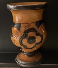 Vintage 6  x 3.75  Handmade Wooden Vase with Floral Carving Design