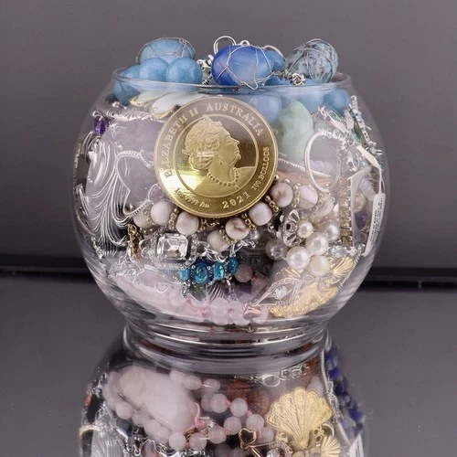 Vintage Costume Jewelry Jar 2.13 lbs Mixed Lot Watches Necklaces Rings & More