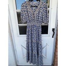 Max Studio Blue Floral Smocked Waist Tiered Midi Dress V-Neck L Cottagecore