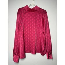 Worthington Pink Art Deco Geometric Bow Tie Blouse Mock Neck Satin Top 2X