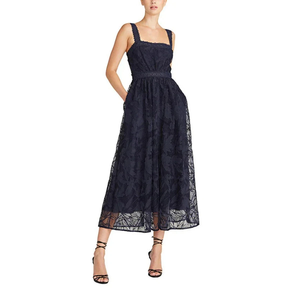 monique lhuillier navy lace dress Short Sleeve Lace Sheath 8 / Night Sky