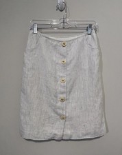 J McLaughlin Linen Skirt Sz 2 Straight Blue Stripe Pockets Button Front Coastal