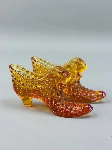Lot of 2 Fenton Colonial Amber Hobnail Glass Shoe Slipper W/ Cat Head Art Glass