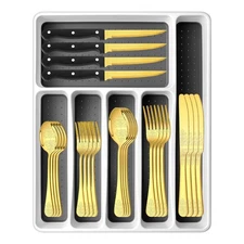 48-PCS Gold Silverware Set for 8 with Organizer Stainless Steel Steak Knives